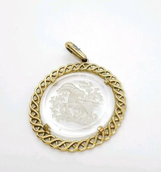 Vintage Signed Crown Trifari Intaglio Necklace Ram Aries Zodiac Glass Gold Tone