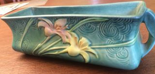 Vintage Roseville Pottery Teal Blue Zephyr Lily Planter Window Box 1393 - 8
