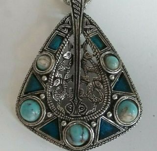 Vintage Turquoise Miracle Pendant Celtic Zoomorphic Dogs Necklace Signed,  Chain
