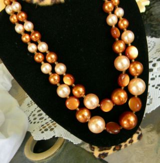 Vintage 1960 ' s 2 strand Necklace Glowing Brown Beads Marked JAPAN 2