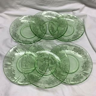 Vintage Green Depression Glass Saucers Sharon Cabbage Rose 6” Set Of 6
