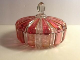Vintage Indiana Glass,  Clear And Ruby Red Striped,  Lidded Candy Dish