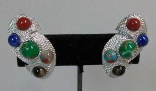 Vintage Sarah Coventry Textured Silver & Faux Gemstone Cabochon Contour Earrings