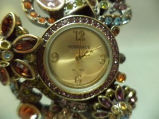 VTG Heidi Daus Bronze tone Whimsical Bouquet Crystal Flower Cuff Bracelet Watch 2
