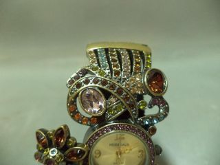 VTG Heidi Daus Bronze tone Whimsical Bouquet Crystal Flower Cuff Bracelet Watch 3