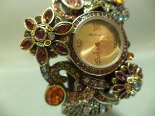 VTG Heidi Daus Bronze tone Whimsical Bouquet Crystal Flower Cuff Bracelet Watch 4