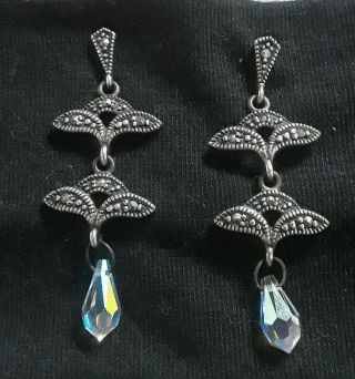 Vintage Sterling Silver,  Marcasite & Dangling Aurora Borealis Crystal Earrings