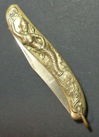 Vintage Asian Mermaid Brass Pocket Knife