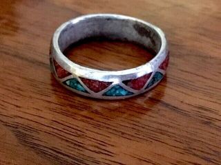 Vintage Zuni 925 Sterling Silver Turquoise Coral Zig Zag Band Ring Size 9,  4.  7g