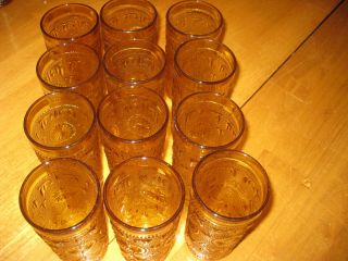 Set Of 12 Vintage Indiana Glass Amber Pin Wheel 5.  5 " Drinking Tumblers Glasses