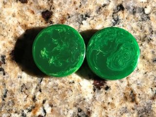 2 Vintage Marbled Green Swirl Bakelite Backgammon Checker Chips 1 1/4  X 1/4