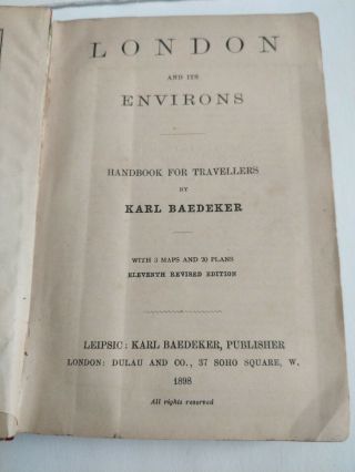 1898 Baedeker LONDON And Its ENVIRONS Travel Book 3 MAPS & 20 PLANS Vintage 7