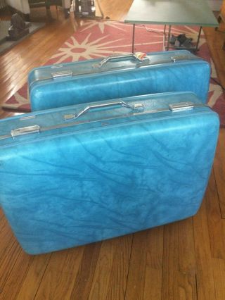 Set Of 2 Vintage American Tourister Hardcase Suitcases,  Marbled Sky Blue