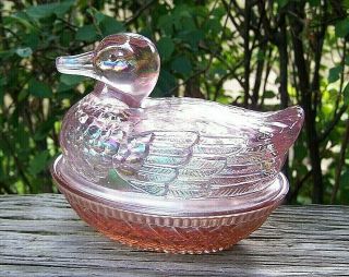 Vtg Imperial Pink Iridescent Carnival Glass Duck On Nest Covered Dish Marked