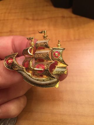 Vintage Pirate Ship Pin Brooch Red Enamel Gold Tone