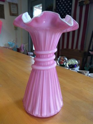 Vintage Fenton Art Glass Pink White Overlay Wheat Vase