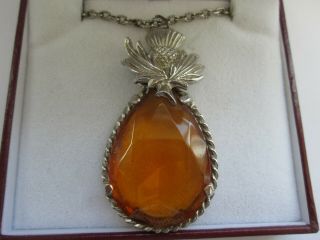 Vintage Scottish Celtic Silver Faceted Amber Glass Thistle Pendant Necklace