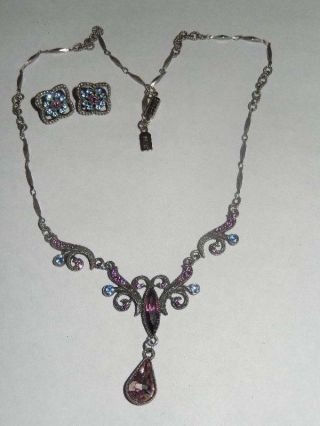 Vintage 1928 Art Deco Revival Blue Purple Crystal Necklace And Earring Set