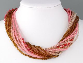 Vintage Multi 17 Strand Brown Pink Red Crystal Glass Bead Necklace
