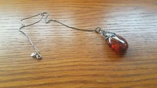 Vintage Ornate Sterling Silver Tear Drop Amber Pendant Necklace 2