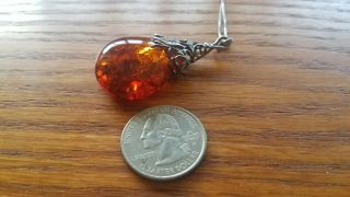 Vintage Ornate Sterling Silver Tear Drop Amber Pendant Necklace 4