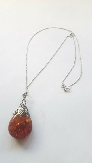 Vintage Ornate Sterling Silver Tear Drop Amber Pendant Necklace 5
