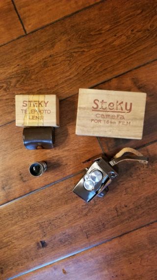 Steky Iii 16mm Vintage Spy Camera With 40mm Telephoto Lens Leather Cases Cap Box