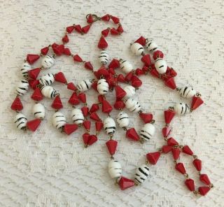 Vintage Flapper Lucite Red Beads With White Czech Glass Beaded Necklace 42 "