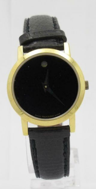 Vintage Movado Museum Ladies Black Dial Gold Tone Leather Band Watch