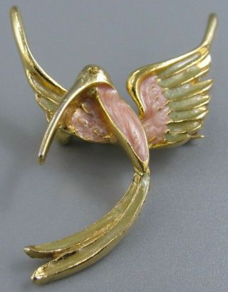 High End Vintage Jewelry Signed Donni Pink Swirl Bird Art Brooch Pin Rhinestoneo