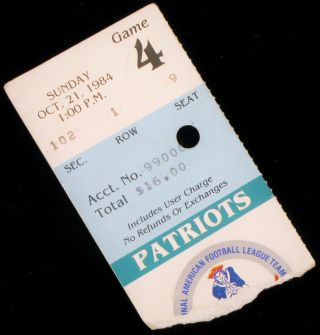 Vintage October 21 1984 Patriots Game 4 Miami Dolphins Ticket Stub Nfl Gillette