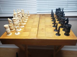 Vintage Carved Bone Chess Set With Wood Board