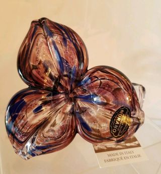 Vintage Murano Art Glass Purple Flower - Silver Flakes - Curly Stem - T