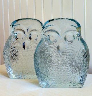 Blenko Glass Owl Bookends Vintage 1960s Mid Century Modern Mcm