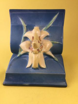 Vintage Art Deco Blue Zephyr Lily On A Book Roseville Pottery Bookend 2