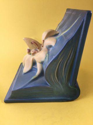 Vintage Art Deco Blue Zephyr Lily On A Book Roseville Pottery Bookend 3