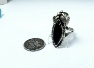 Navajo Sterling Silver Onyx Vintage Native American Feather Blossom Size 5 Ring 2