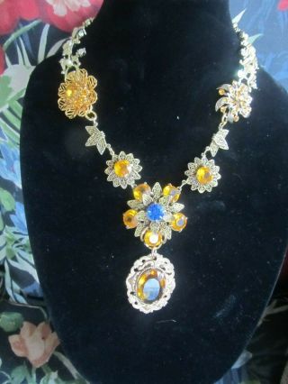 Vintage Amber Rhinestone Flower Statement Necklace - A Repurposed - Ooak