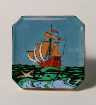 Vintage Art Deco Noritake Tea Tile / Trivet - Sailing Ship W/ Bird - Blue Luster