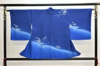 Vintage Silk Kimono Jacket:elegant Blue Riverside Landscape@yk42