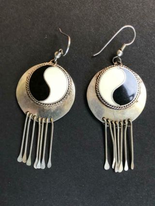 Vintage Mexico Alpaca Silver White & Black Onyx Hoop Dangle Earrings