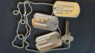 Vintage 3 Us Military Dog Tags,  T58 With Chain And Key