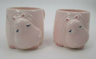 Two (2) Fitz And Floyd Cute Pair Pink Hippos Coffee Mugs Vintage 1980