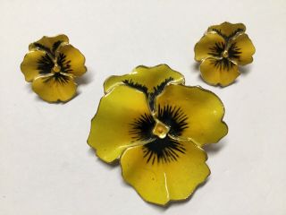 Vintage Yellow Enamel Pansy Flower Pin Brooch Earrings Set