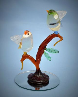 Vintage Art Glass Murano Style Two Birds On Branch Figurine Decor