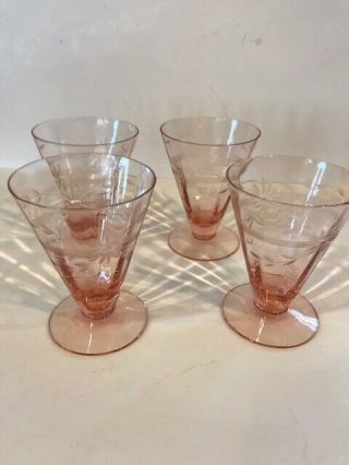 Set Of 4 Vintage Etched Pink Depression Glass Juice Or Wine Glasses.