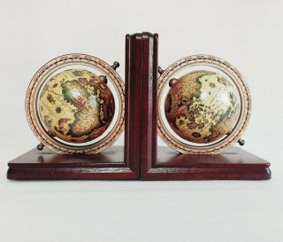 Vintage World Globe Book Ends Spinning Globe Map Wooden Base Bookends Retro