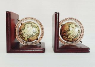 Vintage World Globe Book Ends Spinning Globe Map Wooden Base Bookends Retro 2