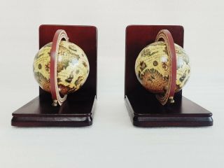 Vintage World Globe Book Ends Spinning Globe Map Wooden Base Bookends Retro 3