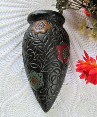 Collectible Vintage Tokanabe Pottery Black Raised Floral Wall Pocket Vase Japan
